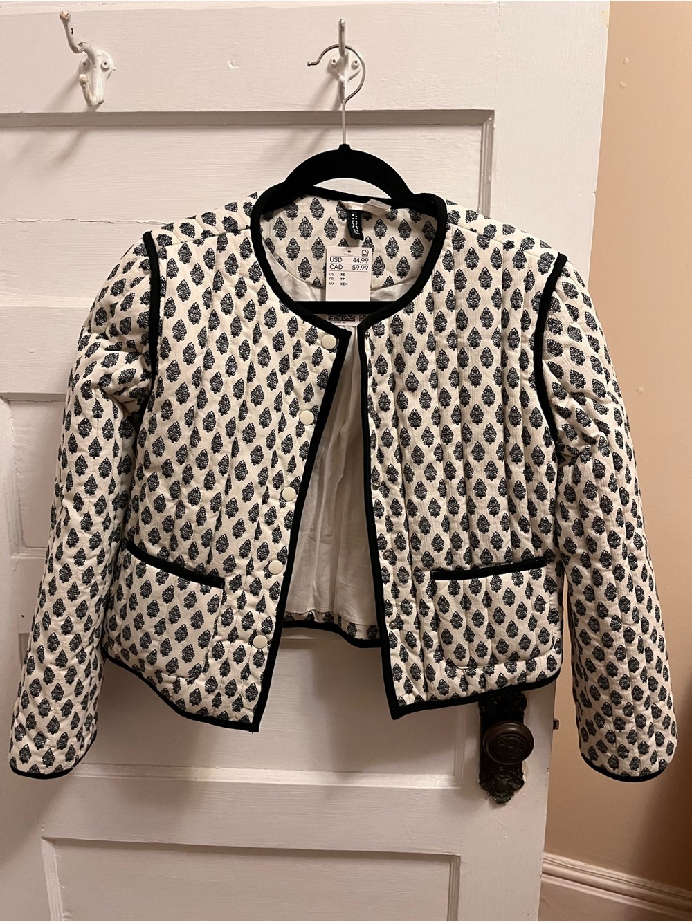H&M Ivory Quilted Crop Jacket with Black Trim